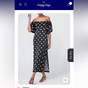Kitri- Off-Shoulder Black Polka Dot Maxi Dress two side slits